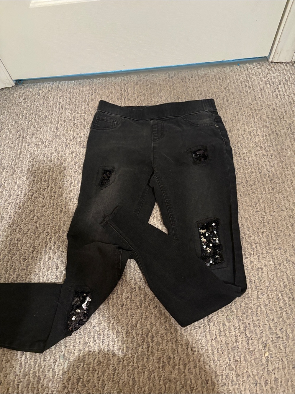 Justice Black Distressed Jeans with Reversible Sequin Patches